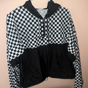 White and Black, Half Zip-Up Checkered Windbreaker with Hoodie